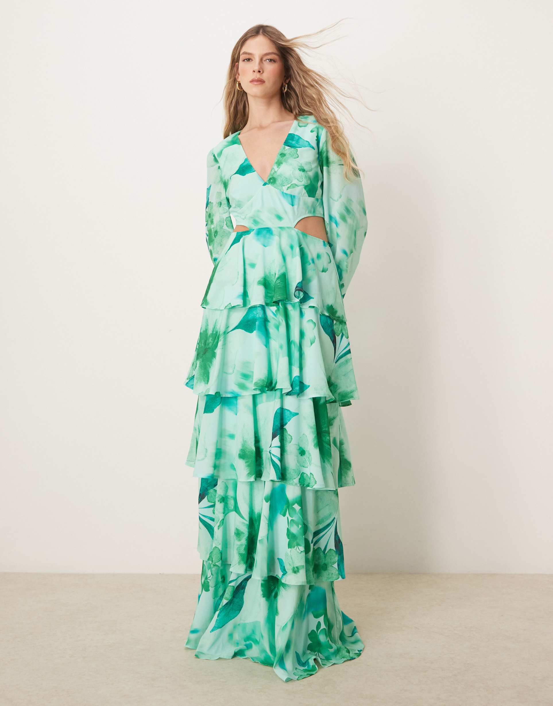 pretty lavish cut out tiered ruffle maxi dress in green floral print