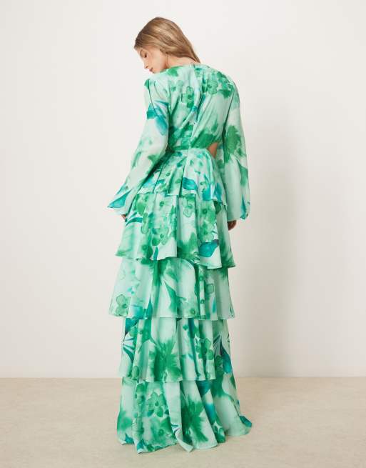 Pretty Lavish cut out tiered ruffle maxi dress in green floral