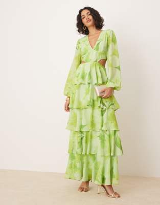 cut out tiered ruffle maxi dress in lime floral print-Green