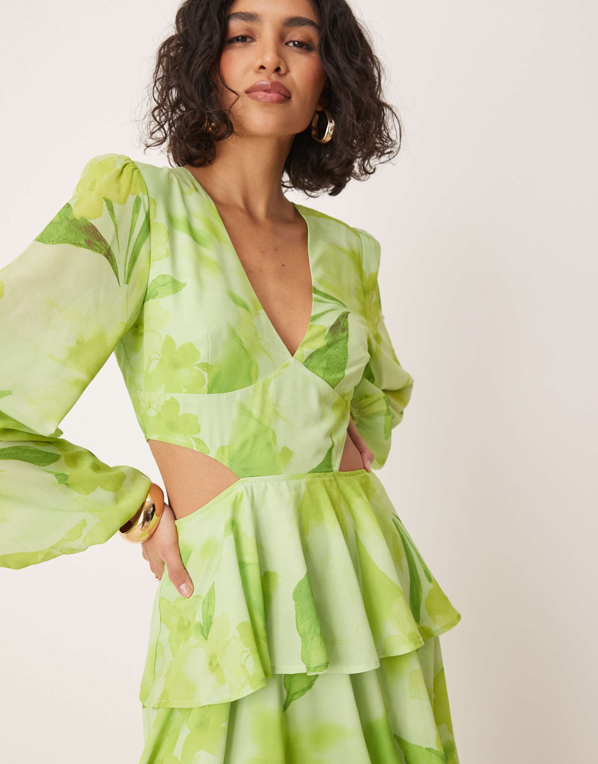 pretty lavish cut out tiered ruffle maxi dress in lime floral print