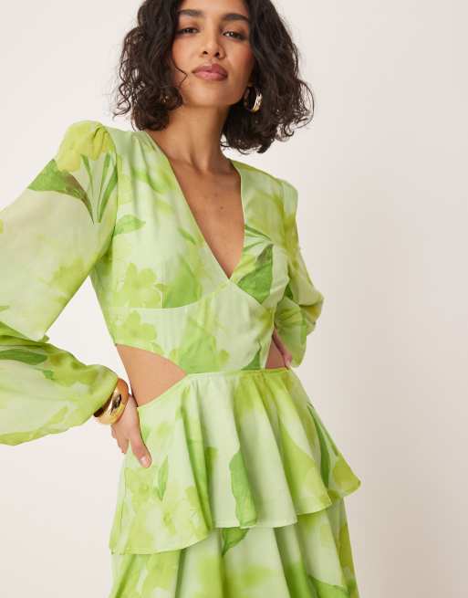 Pretty Lavish cut out tiered ruffle maxi dress in lime floral print | ASOS
