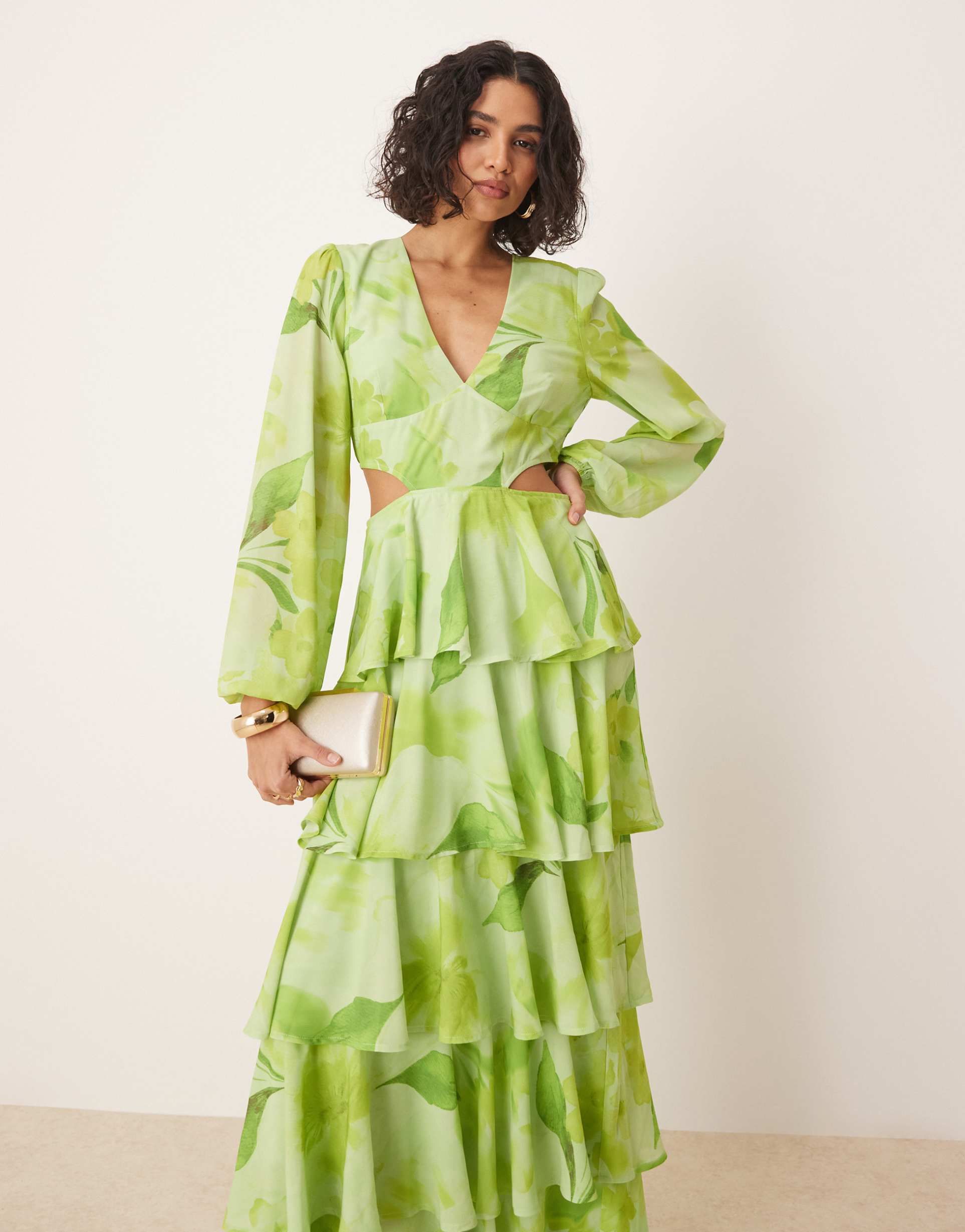 pretty lavish cut out tiered ruffle maxi dress in lime floral print