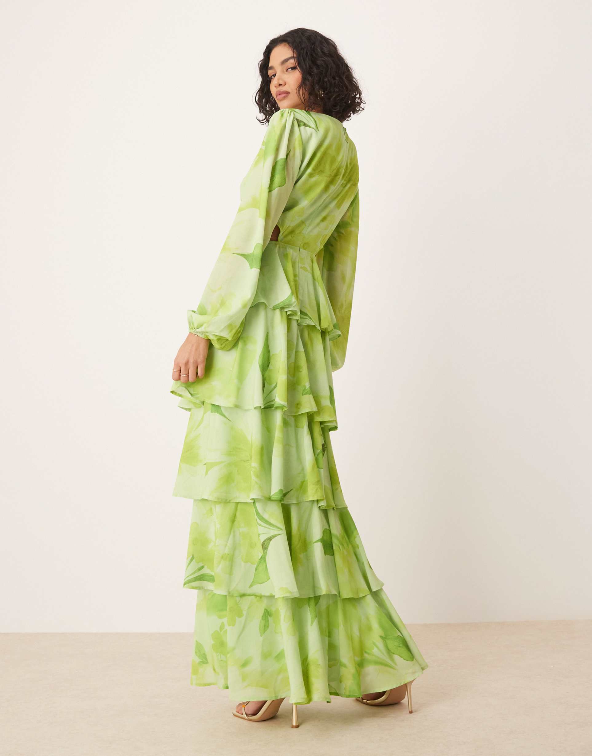 pretty lavish cut out tiered ruffle maxi dress in lime floral print