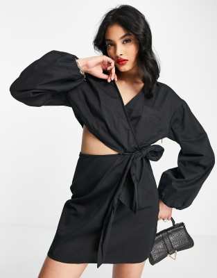 Pretty Lavish Cut-out Wrap Shirt Mini Dress In Black