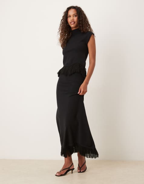 Pretty Lavish knitted fringe hem maxi skirt co-ord in black