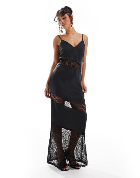 Pretty Lavish lace inserted slip maxi dress in black