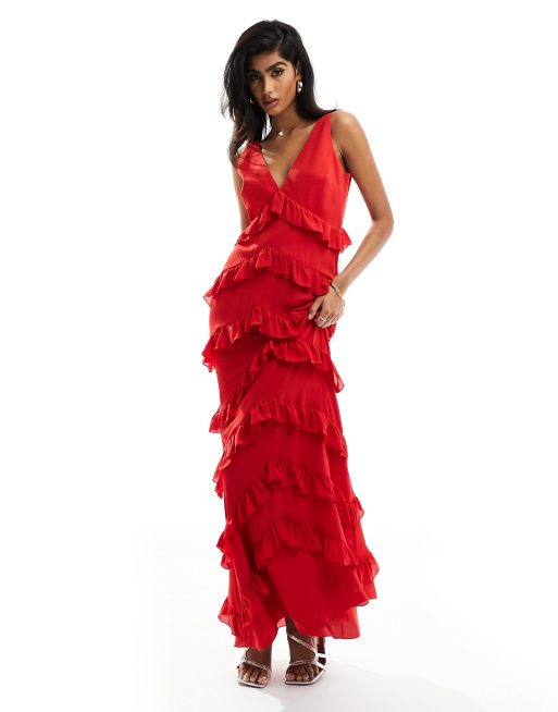 Pretty Lavish – Czerwona sukienka maxi z falbanką