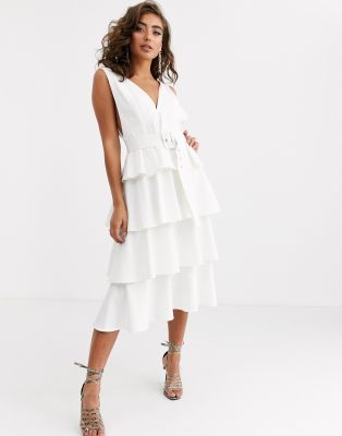 asos design deep plunge tiered midi prom dress