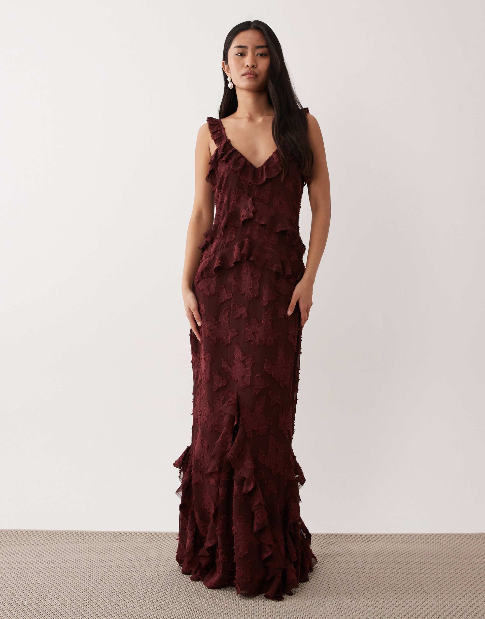 pretty lavish devore frill detailing cami maxi dress in mahogany red