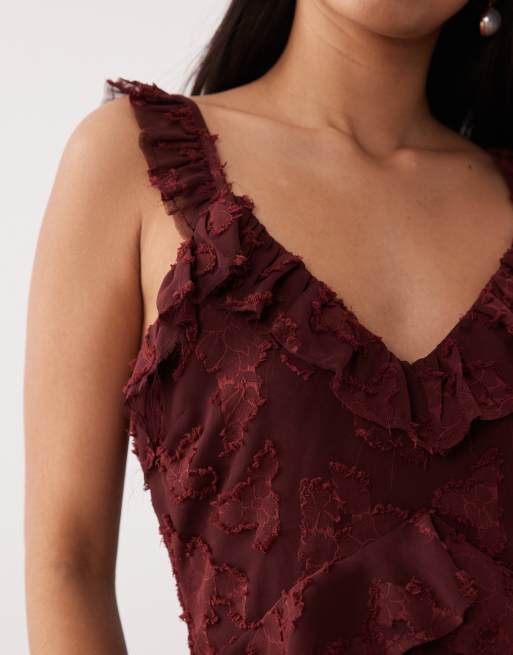 Pretty Lavish devore frill detailing cami maxi dress in mahogany red, 4 of 4