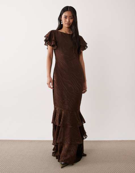 Pretty Lavish devore frill sleeve maxi dress in brown - view 1