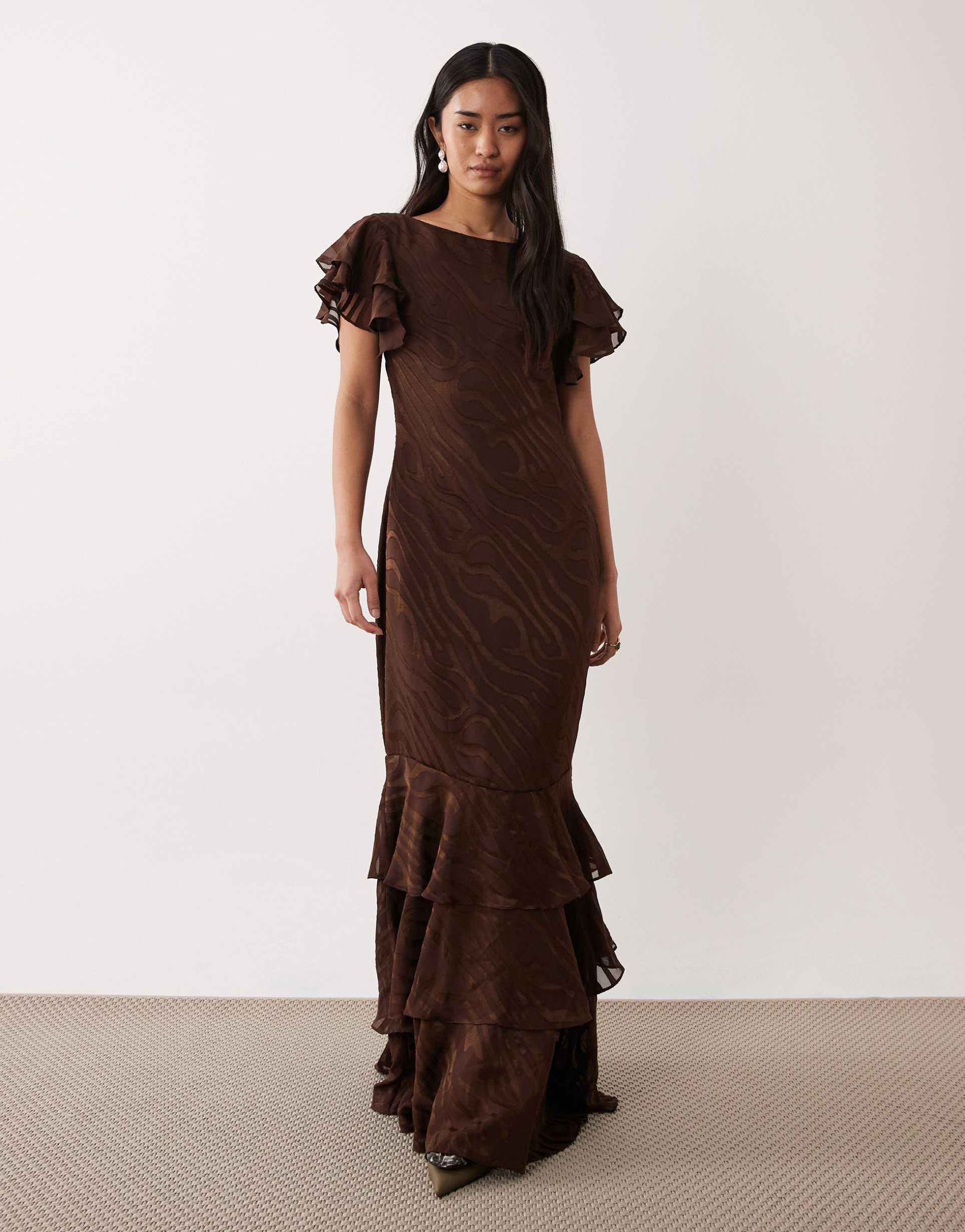 pretty lavish devore frill sleeve maxi dress in brown