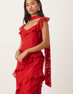 Pretty Lavish Devore Frill Sleeve Scarf Detail Ruffle Maxi Dress In Red