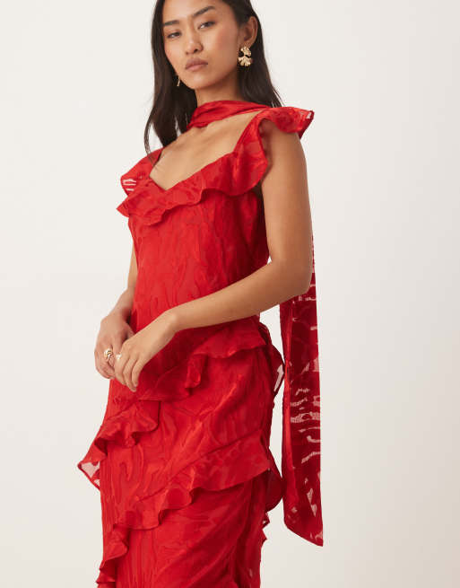 Pretty Lavish devore frill sleeve scarf detail ruffle maxi dress in red, 2 of 4