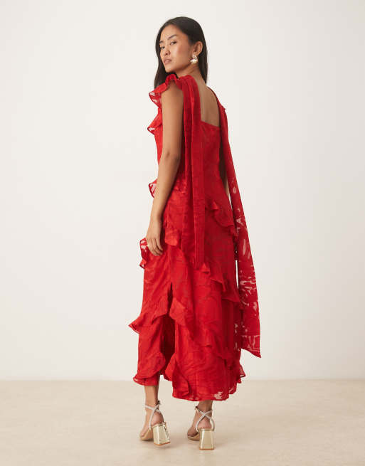 Pretty Lavish devore frill sleeve scarf detail ruffle maxi dress in red, 3 of 4