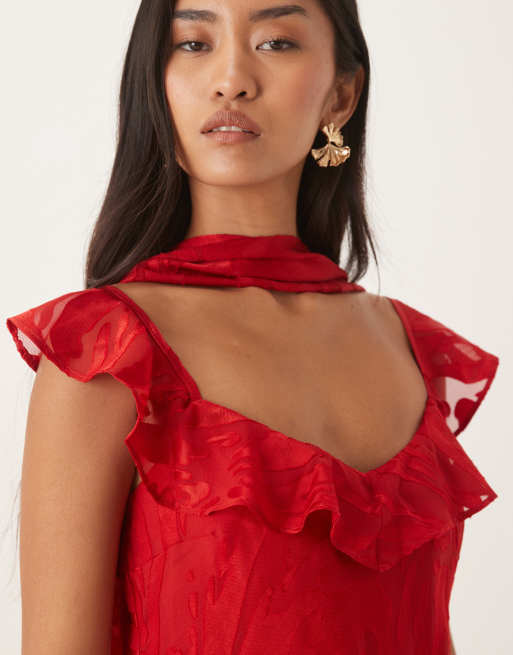 Pretty Lavish devore frill sleeve scarf detail ruffle maxi dress in red, 4 of 4