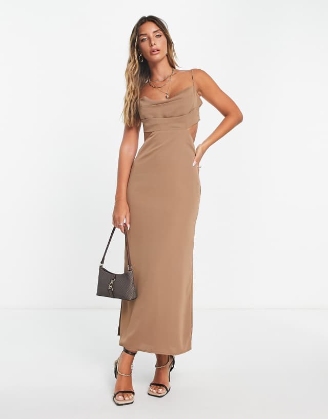 Pretty Lavish double strap backless cowl neck midaxi dress in mocha