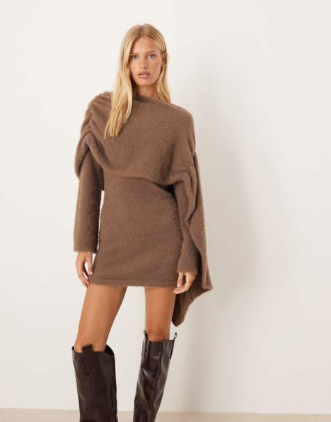 Pretty Lavish drape knit mini dress in mushroom - view 1