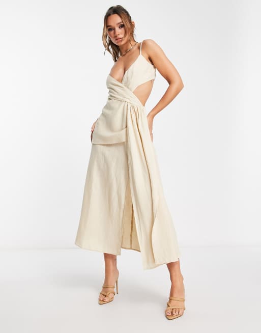 Pretty Lavish halterneck linen blend midaxi dress in white