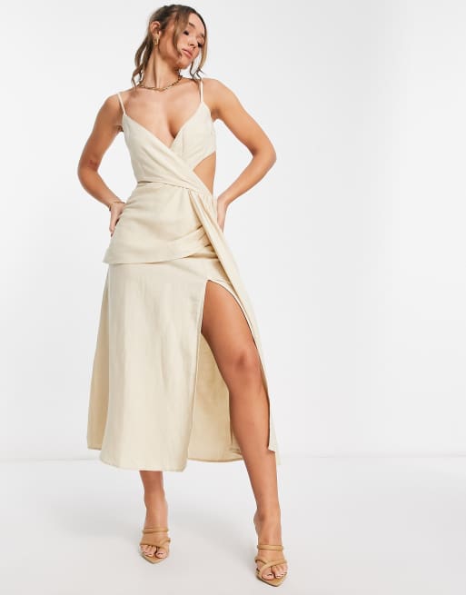 Pretty Lavish halterneck linen blend midaxi dress in white