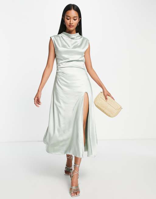 Pretty Lavish drape satin midaxi dress in sage | ASOS