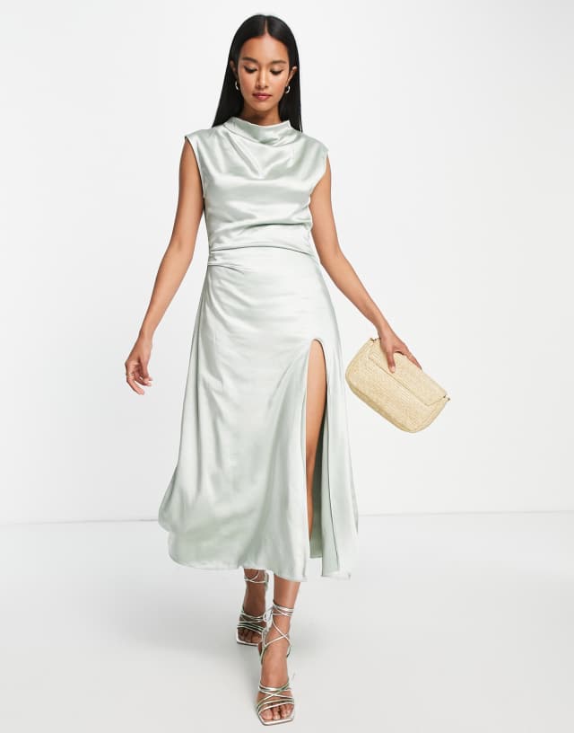 Pretty Lavish drape satin midaxi dress in sage