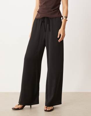 Pretty Lavish Drawstring Satin Wide Leg Pants In Black