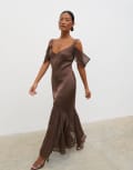 [Pretty Lavish] Pretty Lavish drop hem sheer midaxi dress in chocolate-Brown 6 Chocolate