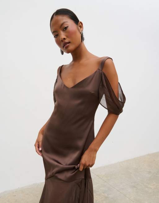 Pretty Lavish drop hem sheer midaxi dress in chocolate