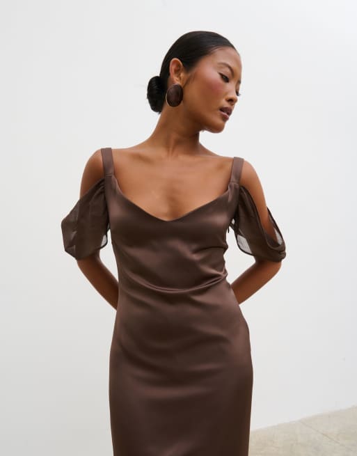 Pretty Lavish drop hem sheer midaxi dress in chocolate