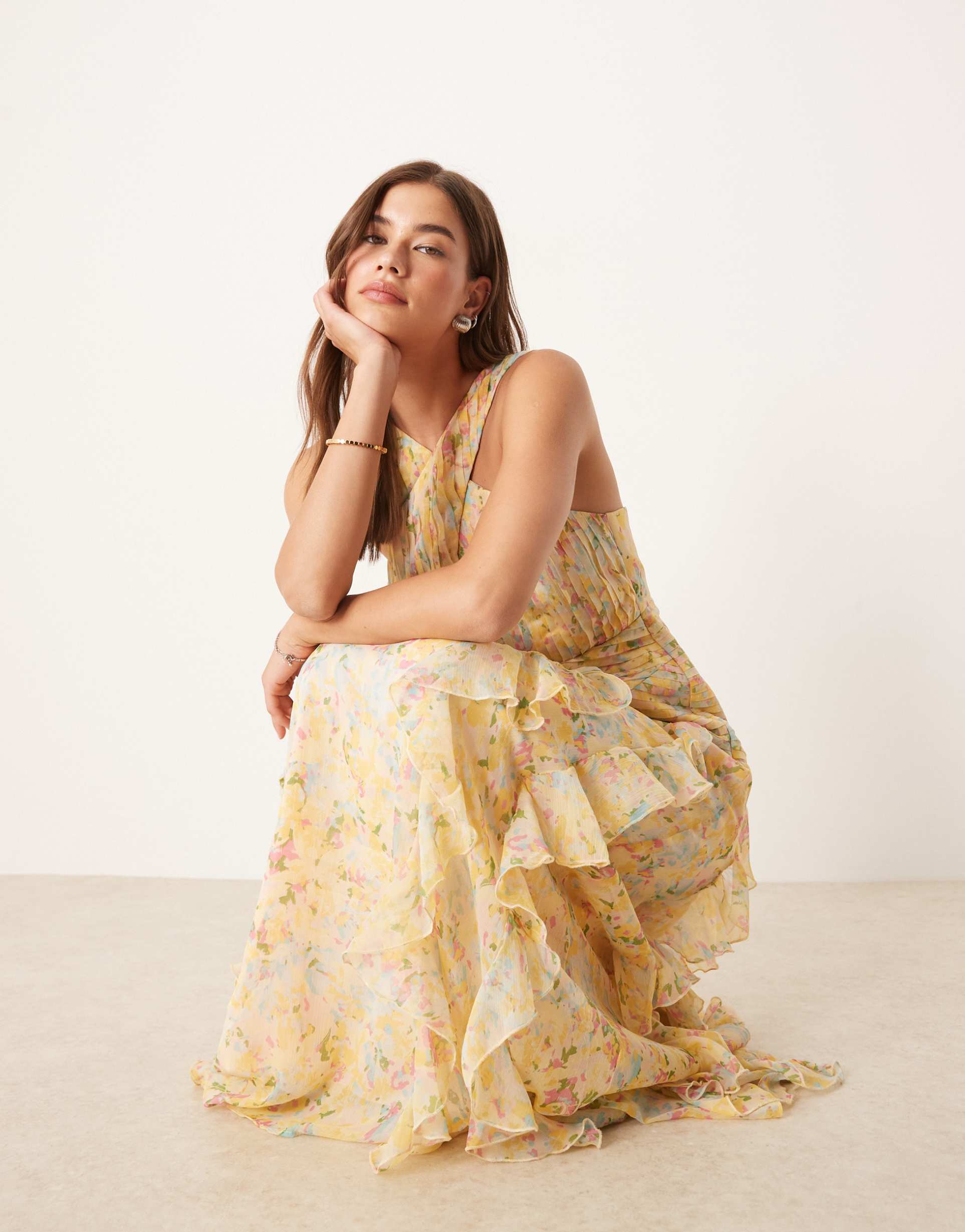 pretty lavish drop waist ruffle maxi dress in bright abstract floral