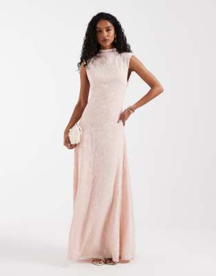 Pretty Lavish Dropped Waist High Neck Textured Floral Maxi Dress In Pink