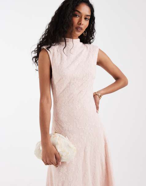 Pretty Lavish dropped waist high neck textured floral maxi dress in pink - view 1