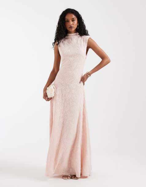 Pretty Lavish dropped waist high neck textured floral maxi dress in pink