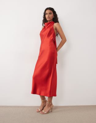 Pretty Lavish Edita satin halter cowl neck low back midaxi dress in red