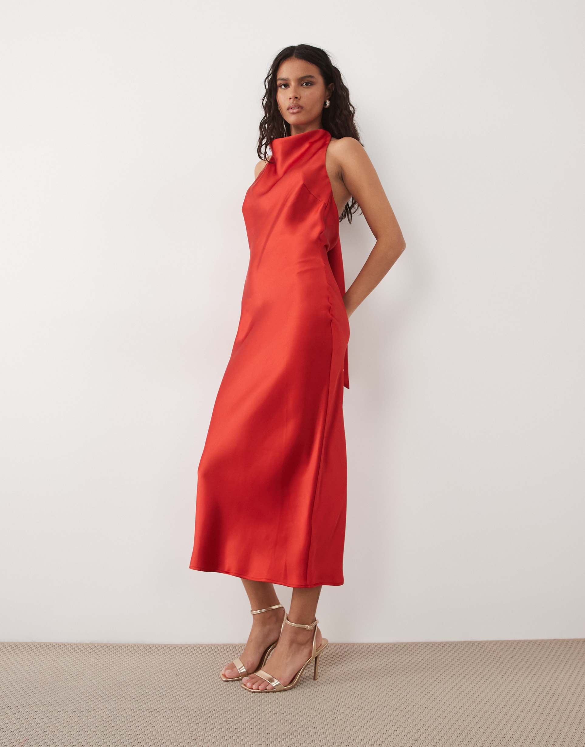 pretty lavish edita satin halter cowl neck low back midaxi dress in red