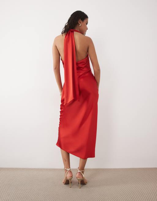 cowl-neck satin midaxi dress Pretty Lavish Edita satin halter cowl neck low back midaxi dress in red