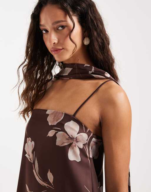 Pretty Lavish Elowen satin strapless a-line maxi dress with scarf in brown  floral | ASOS