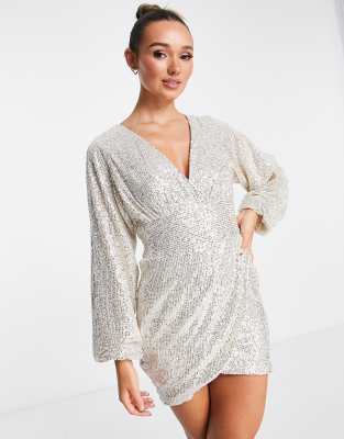 Pretty Lavish Embellished Balloon Sleeve Mini Dress In Silver