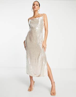 Pretty Lavish Embellished Cowl Neck Maxi Dress In Gold Blush