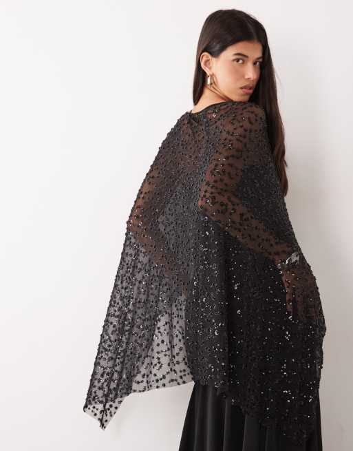 Pretty Lavish embellished sheer beaded cape in black, 3 of 4