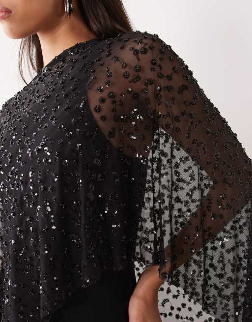 Pretty Lavish embellished sheer beaded cape in black, 4 of 4
