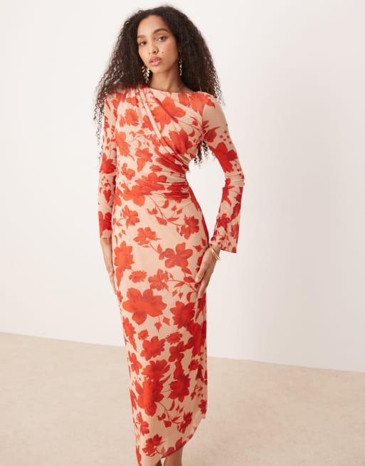 Pretty Lavish – Ethel – Langärmliges Midaxi-Kleid aus Jersey mit rotem Blumenmuster, 3 von 4