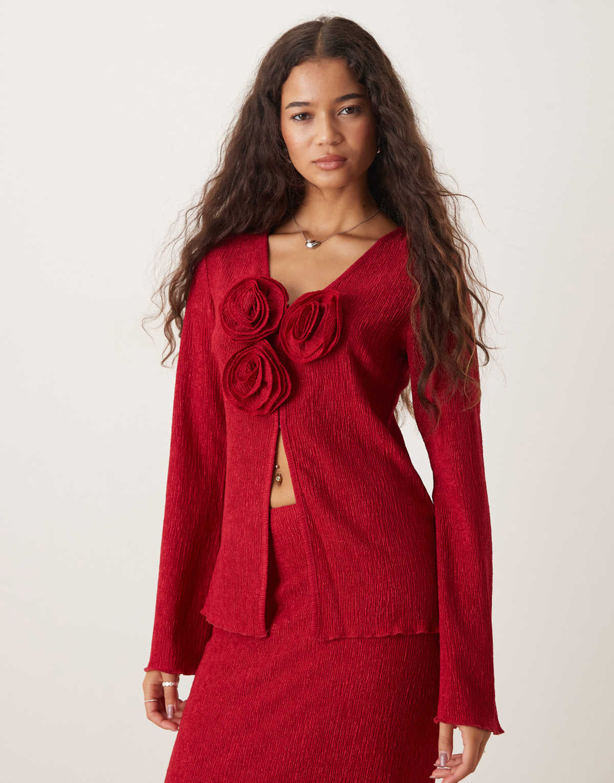 Pretty Lavish Evalina crinkle corsage top co-ord in red
