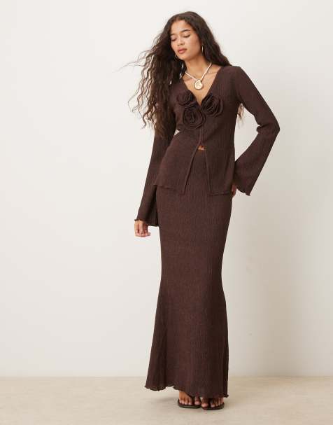 Pretty Lavish Evalina crinkle maxi skirt co-ord in brown