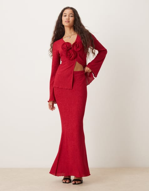 Pretty Lavish – Evalina – Röd, krinklad maxikjol, del av set - view 1