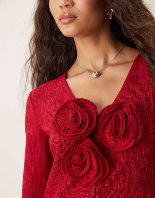 Pretty Lavish - Evalina - Top d'ensemble effet froissé avec grosses fleurs - Rouge, 3 de 4