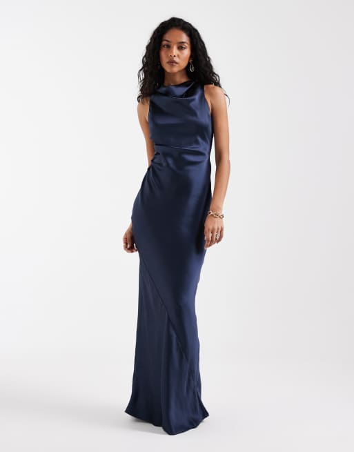 Pretty Lavish Everlee satin cowl neck open back maxi dress in navy, 3 of 4