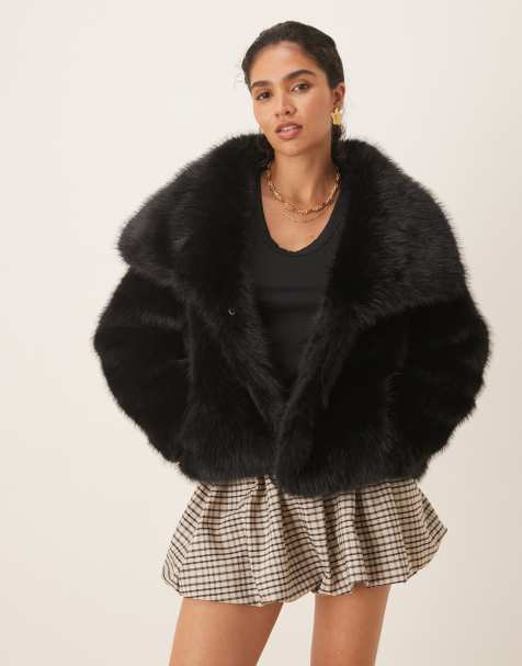Pretty Lavish exaggerated collar faux fur coat in black - view 1