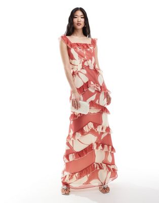 Pretty Lavish Exclusive To Asos Cecile Ruffle Maxi Dress In Terracotta Floral-red In Multi